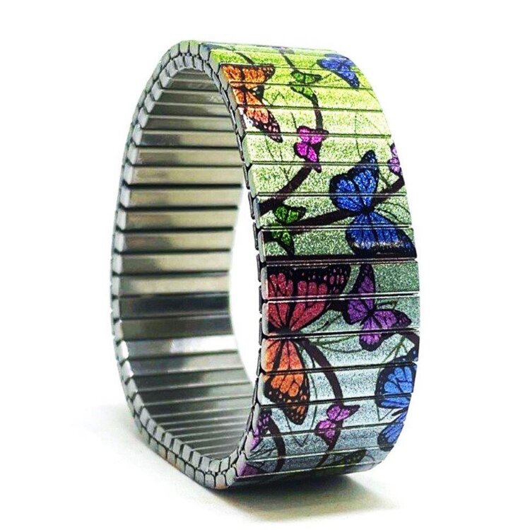 Stainless steel designer bracelet 18mm handmade in London - Cool Blossom butterflies green pastel Metallic by Urband London
