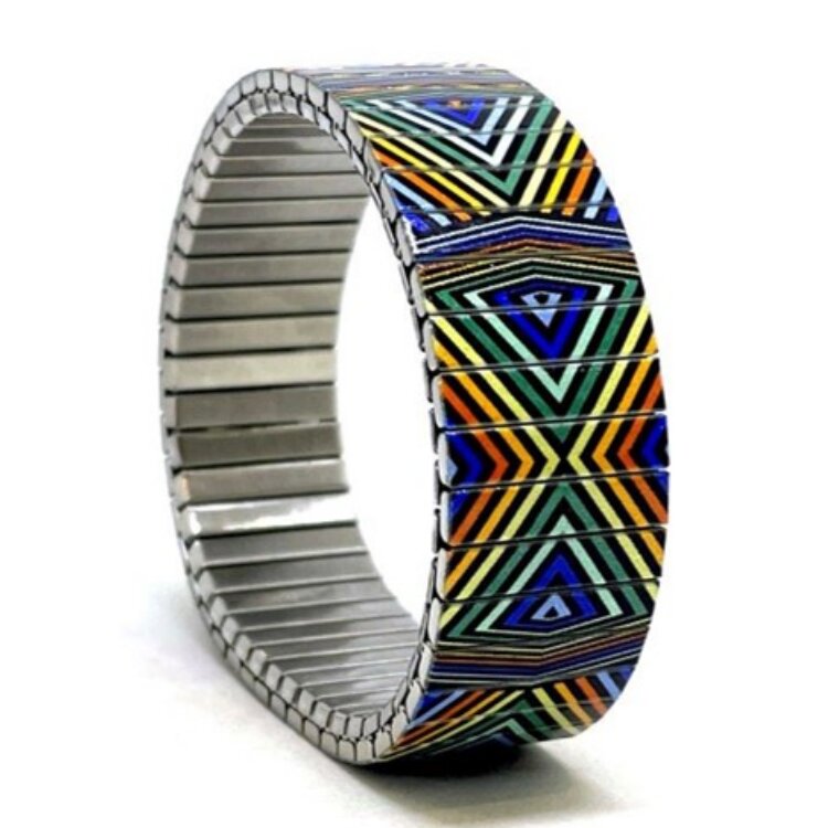 Stainless steel designer bracelet 18mm handmade in London - Checkers Kites golden blues prism by Urband London