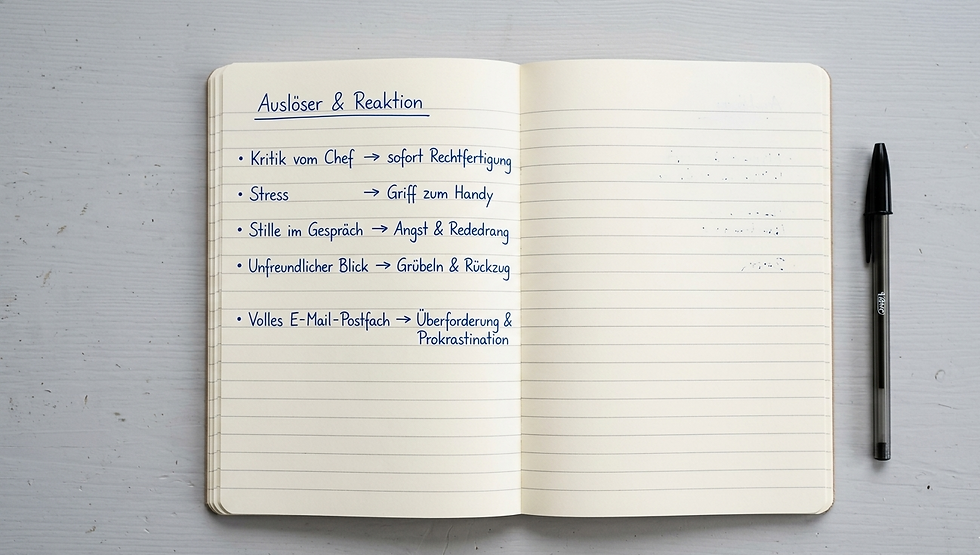 Notizbuch mit Eintragungen zu: Auslöser und Reaktion