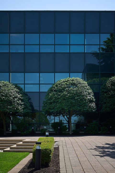 dark, reflective office building with trees in landscaped courtyard