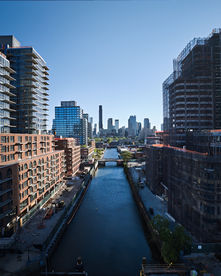 vertical drone view of new apartment buildings on the Gowanus Canal riverfront in Brooklyn, New York