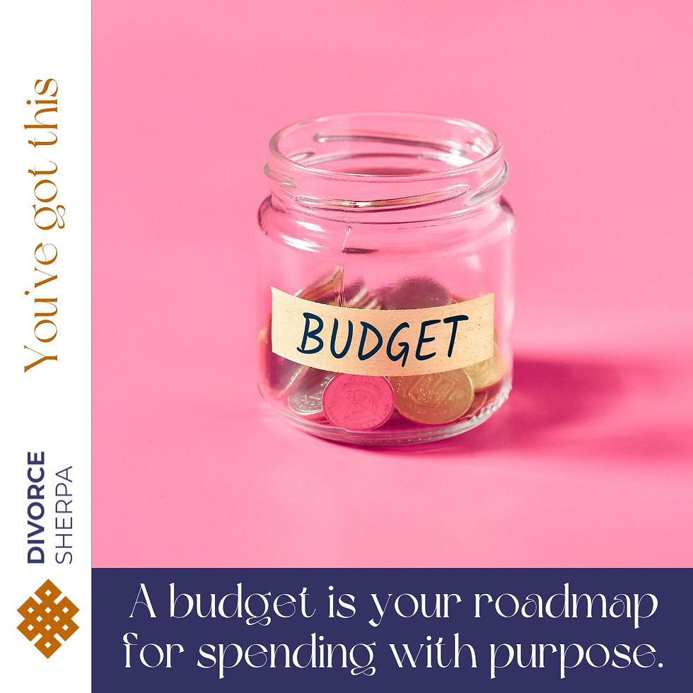 Glass jar of coins labeled BUDGET on pink background, with text saying A budget is your roadmap for spending with purpose.