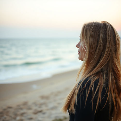 touch of orange in background, 40yr old blond woman with long hair looking at the connecti