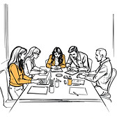 three women and three men around a table