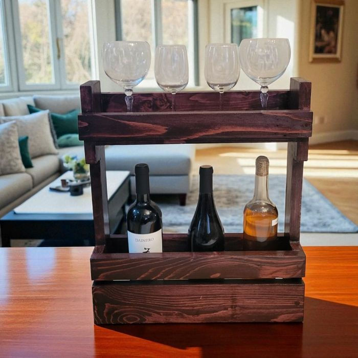 Farmhouse Wine & Glass Rack with Wine Bottles and Glasses in Living room