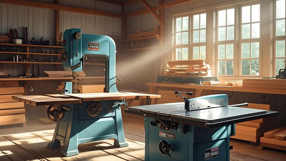 A bandsaw and table saw in a workshop for our saw guide blog