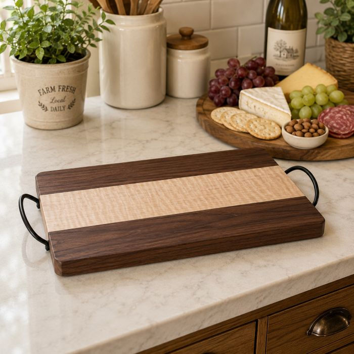 Walnut and Curly Maple Board with Side Handles Squared on Counter