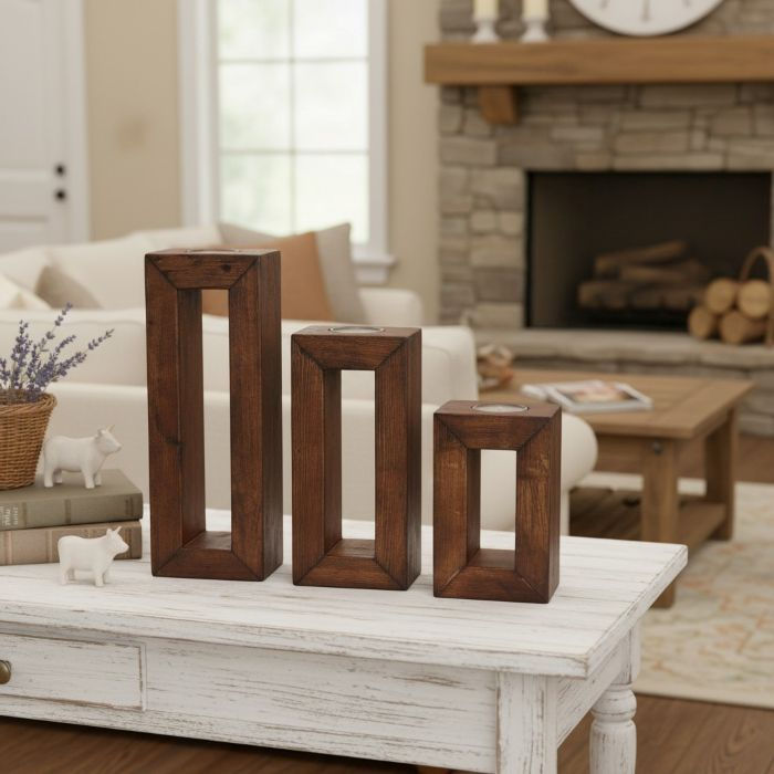 Farmhouse Rectangle Large Tea Light Candle Holder Set on Table