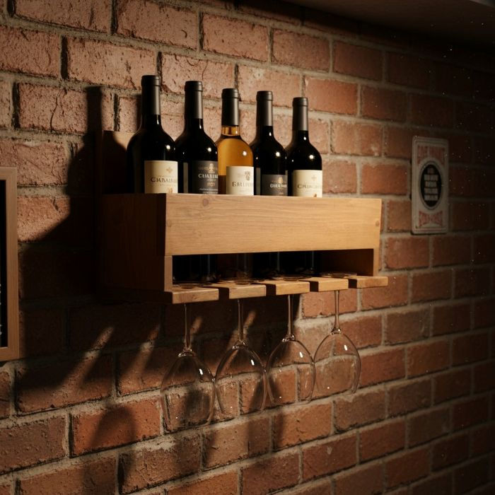 Rustic Pine Wall Mounted Wine Rack with Bottles and Glasses