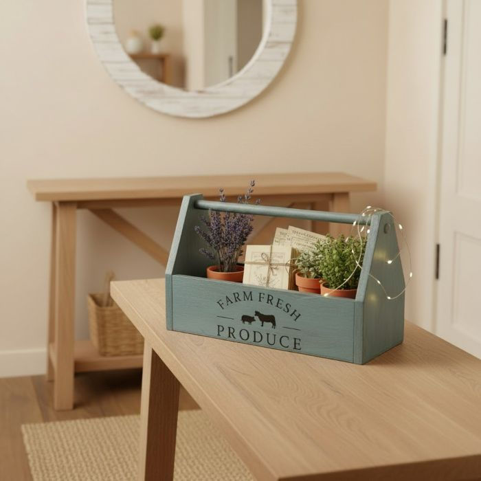 Farmhouse Toolbox on Table in Entry Hall