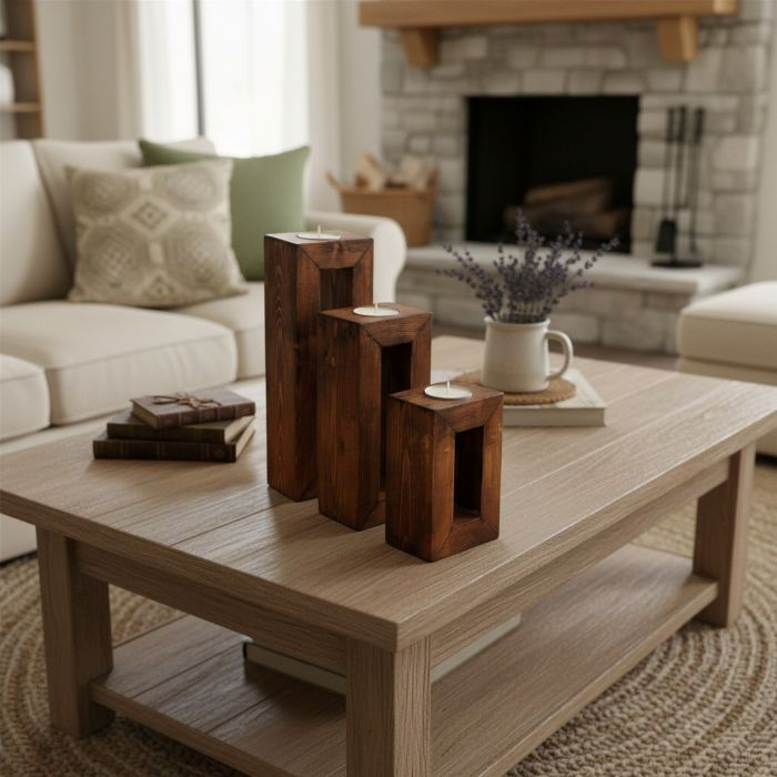Thumbnail: Farmhouse Rectangle Large Tea Light Candle Holder Set from side on coffee table