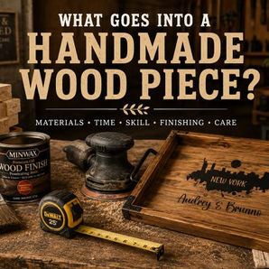 A graphic created to symbolize what goes into a handmade wood piece including materials and a finished product.