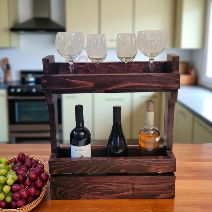 Farmhouse Wine & Glass Rack with Wine Bottles and Glasses in Kitchen