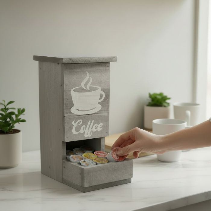 Rustic Coffee Pod Organizer in gray on counter