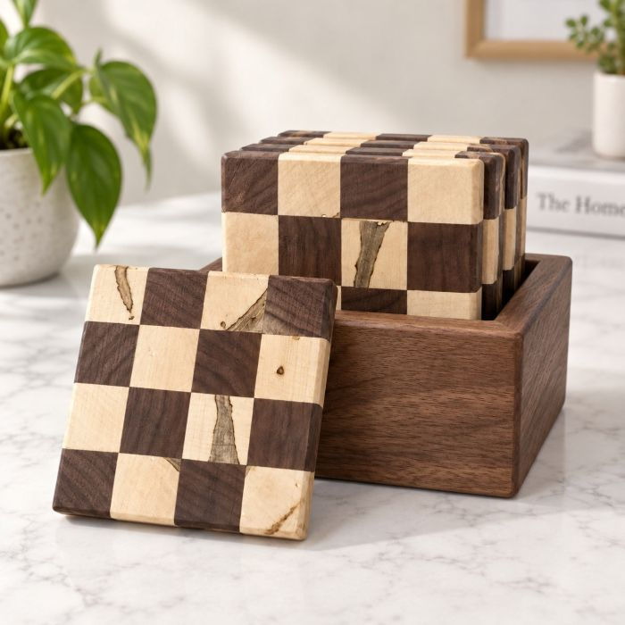 Large End Grain Walnut & Ambrosia Maple Coaster Set with Holder - walnut one