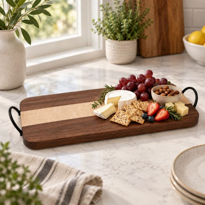 Thumbnail: Walnut and Curly Maple Serving Board with Metal Handles Rounded Edges with Charcuterie