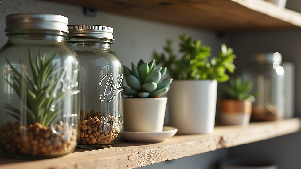 Close-up view of a rustic wooden shelf with farmhouse decor items like mason jars and small plants
