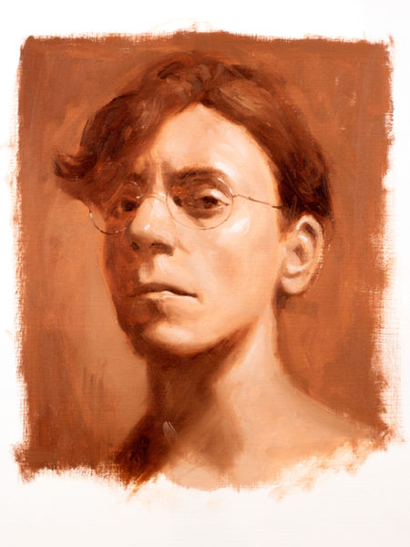 Étude monochrome à l’huile d’un jeune homme à lunettes vu de trois quarts