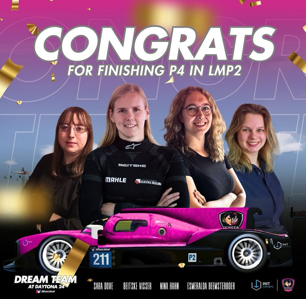 Dream Team members Sara Dove, Beitske Visser, Nina Hahn, and Esmeralda Beemsterboer posing behind the pink race car used at the Daytona 24 where they finished 4th in the LMP2 class.