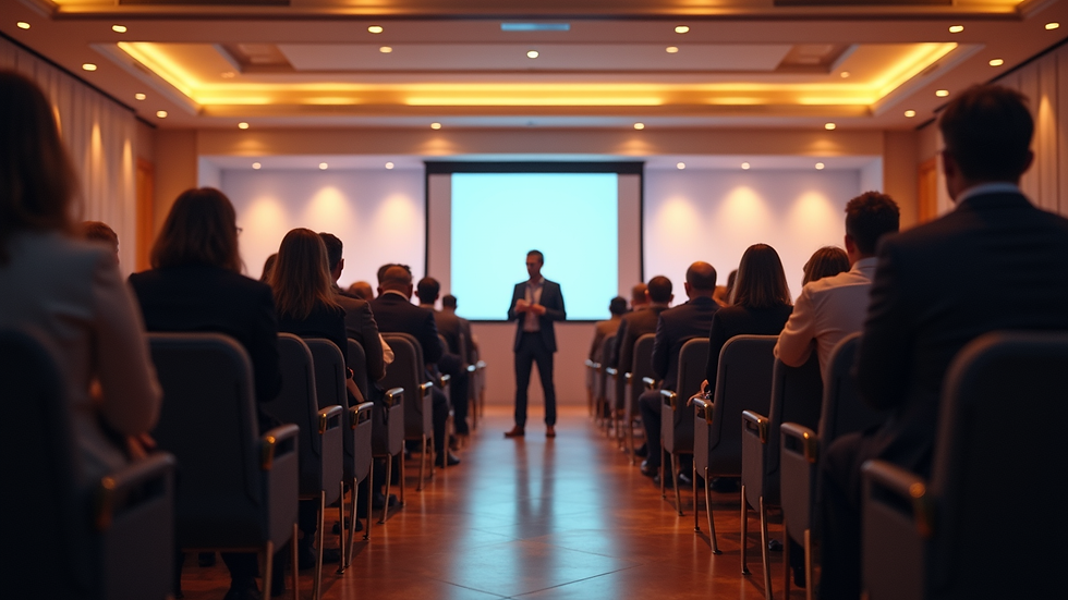Eye-level view of a conference hall with attendees networking