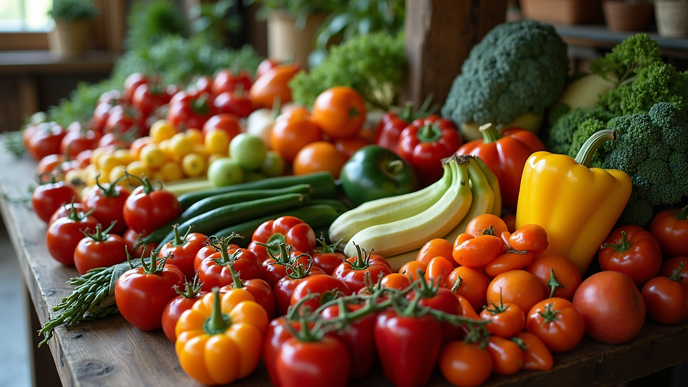 High angle view of vibrant fruit and vegetable display on a rustic table