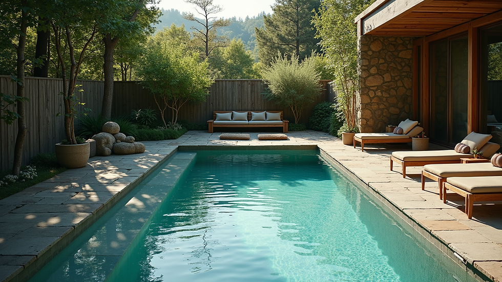 High angle view of a serene outdoor cold plunge pool surrounded by nature