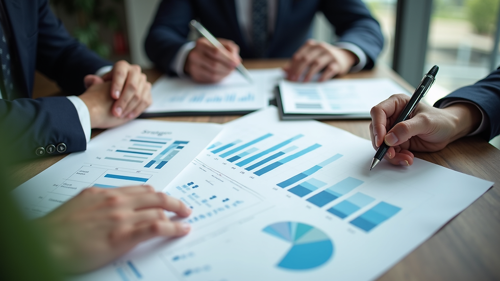 High angle view of a business strategy session with charts and notes