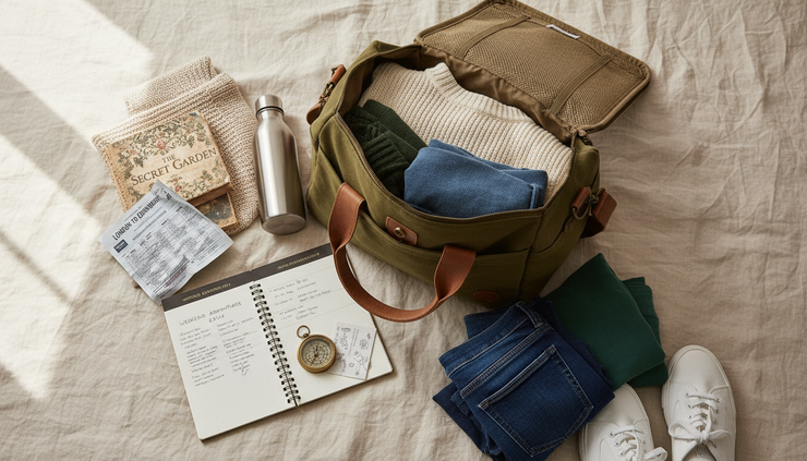Overhead view of a packed weekend bag with casual clothes, a book and an event notebook.