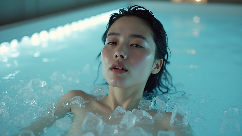 Eye-level view of a person sitting in an ice bath filled with cold water and ice cubes