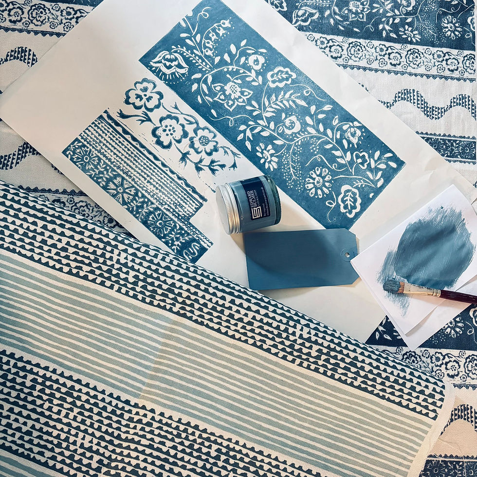 Creating the Handcrafted Floral Fabric Patterns. Teresa Stripe: A Tribute to My Mum and Polish Folk Design Through Lino-Print.