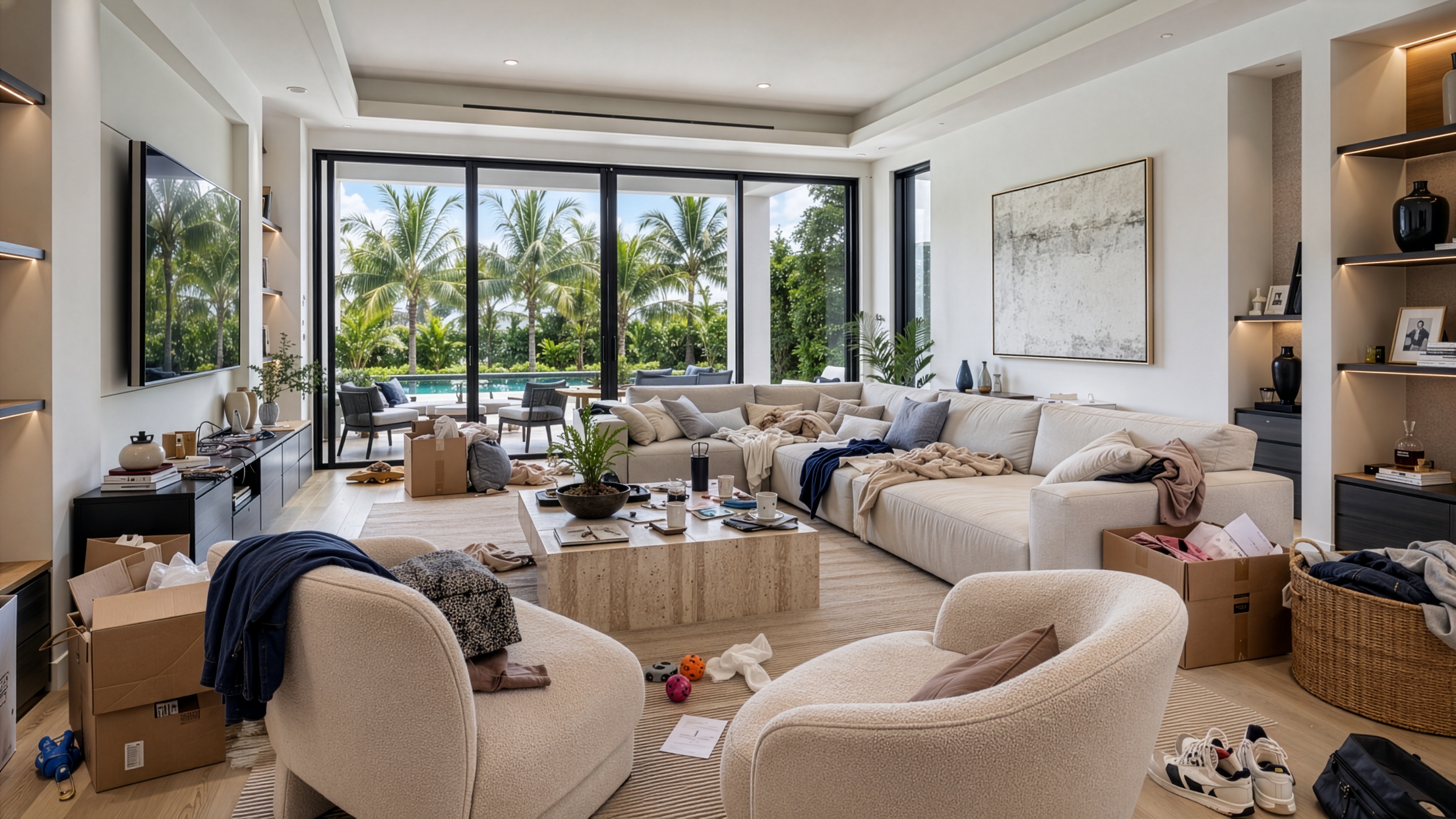 Cluttered living room before real estate photo decluttering