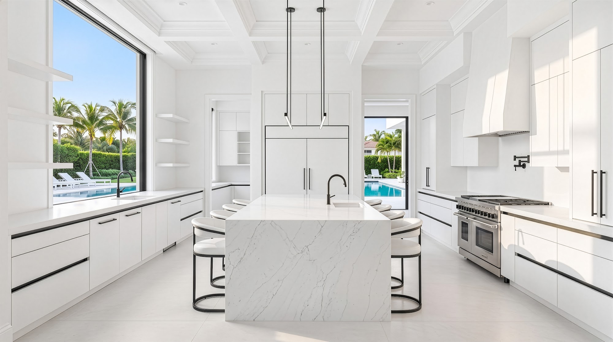 White luxury kitchen photographed for a real estate listing