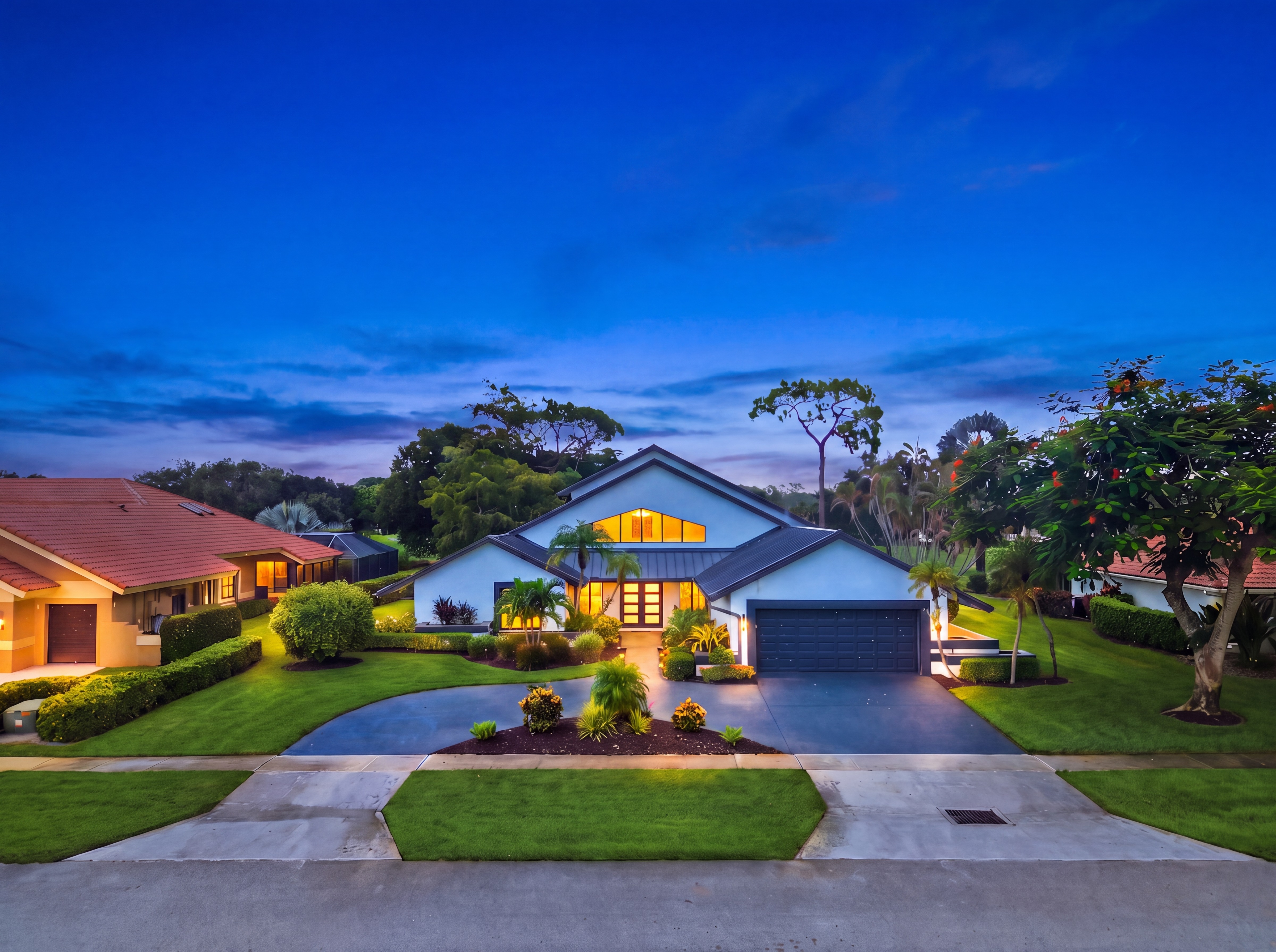 Virtual twilight exterior after day-to-dusk real estate editing