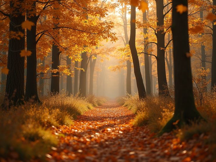Golden autumn foliage in dense woodland.