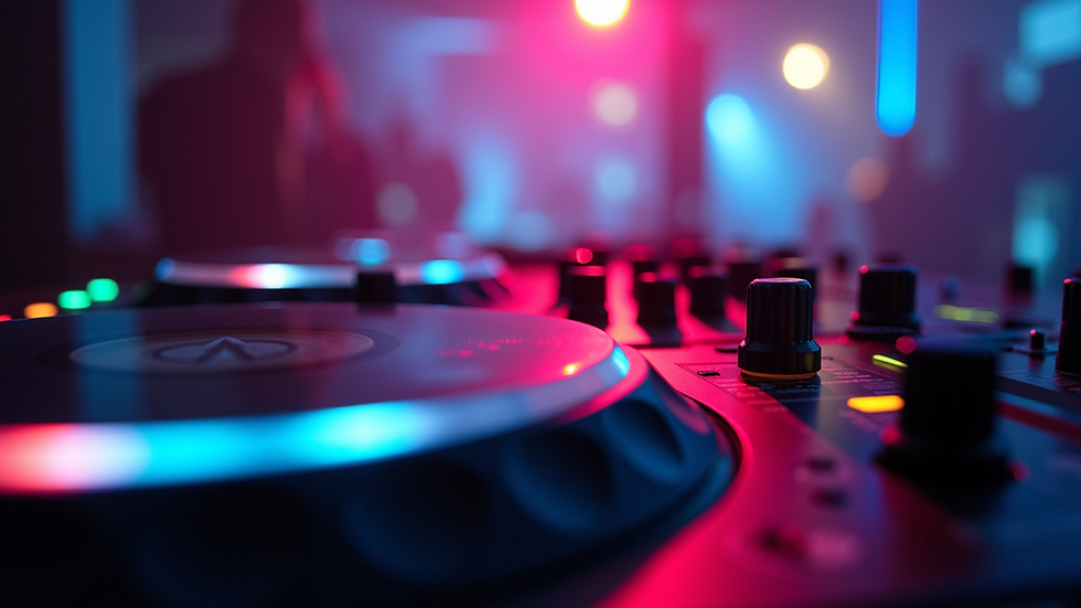 Eye-level view of a DJ setup with colorful lights