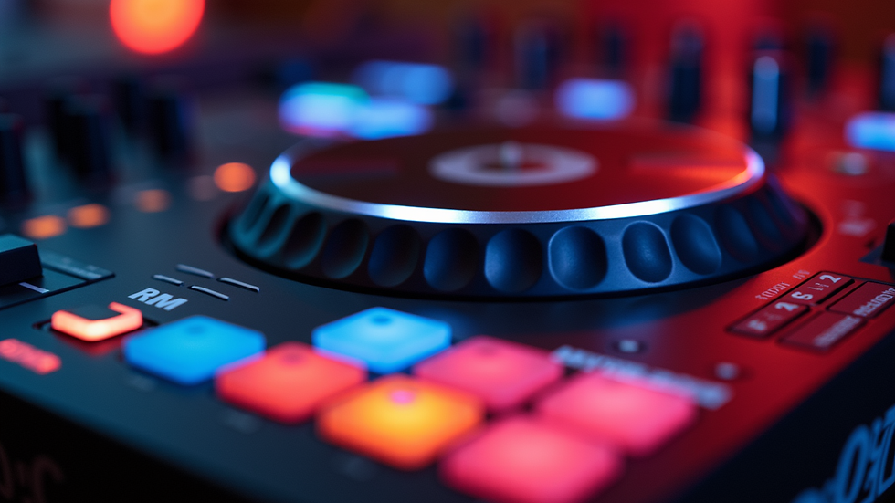 Close-up view of DJ controller with colorful buttons and sliders