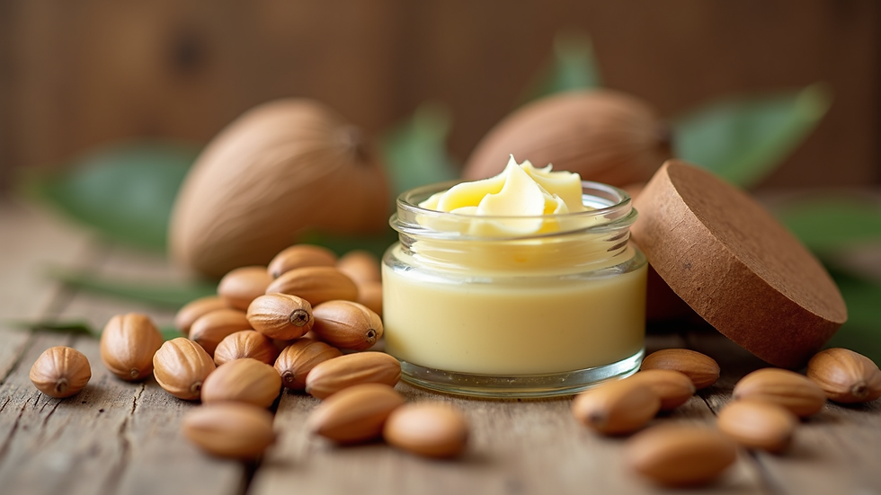 Eye-level view of a jar of organic shea butter next to fresh shea nuts
