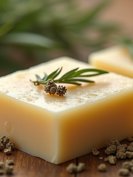 Natural soap bars with herbs on wooden surface