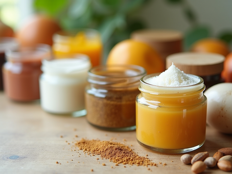 A variety of natural skincare ingredients displayed in jars.