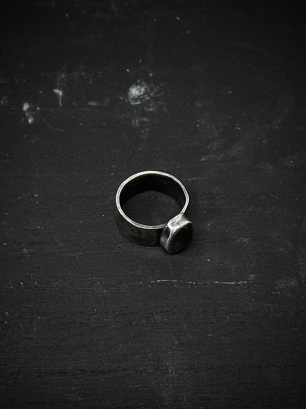 Thumbnail: Handmade silver patterned wide band ring with purple tourmaline