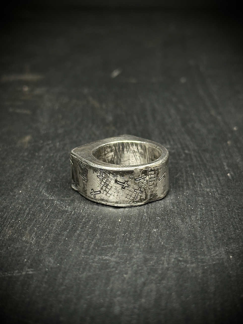 Thumbnail: Handmade hollow silver ring - net and cross pattern