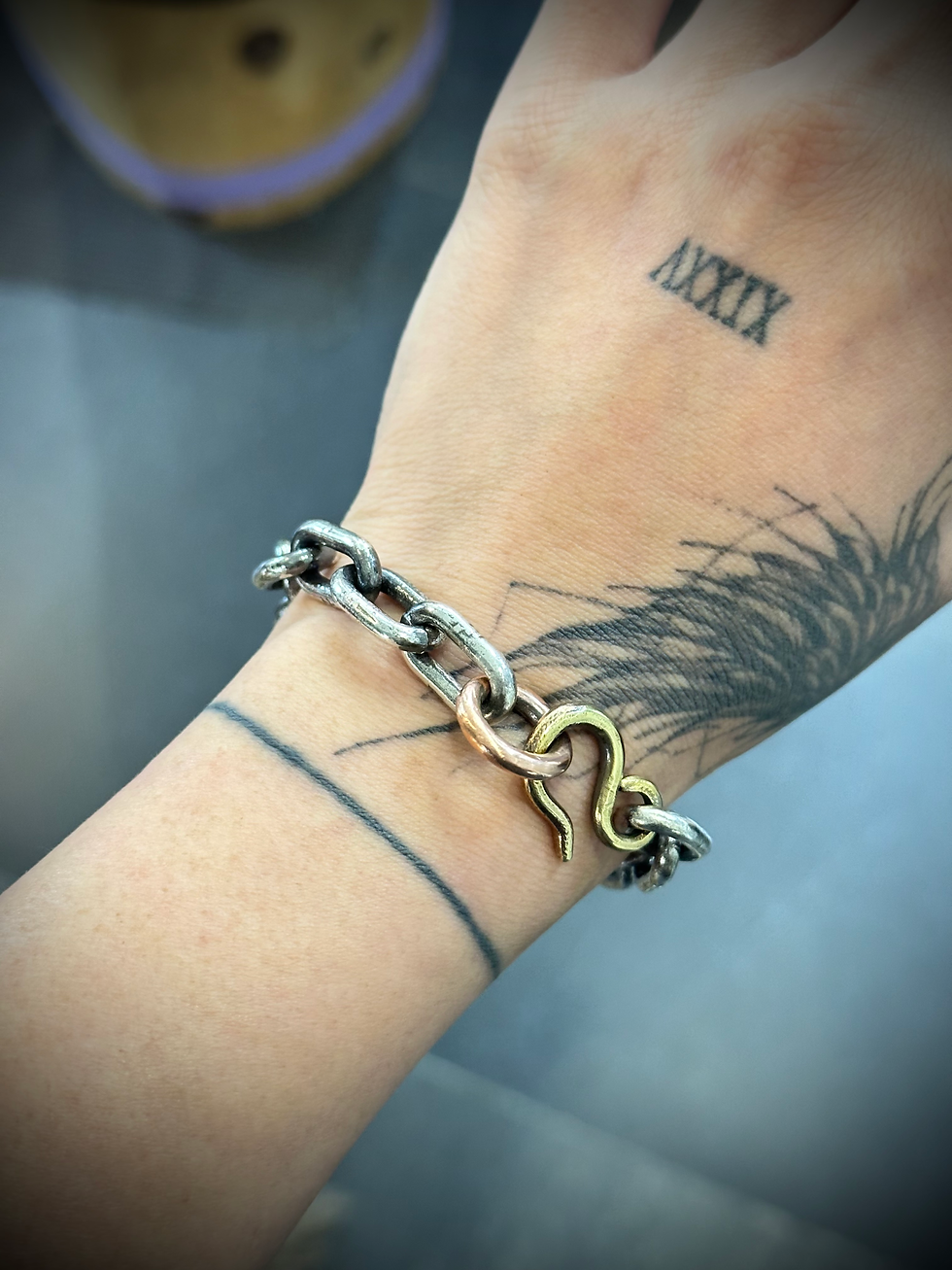 Handmade chain link bracelet with copper deco - 3mm