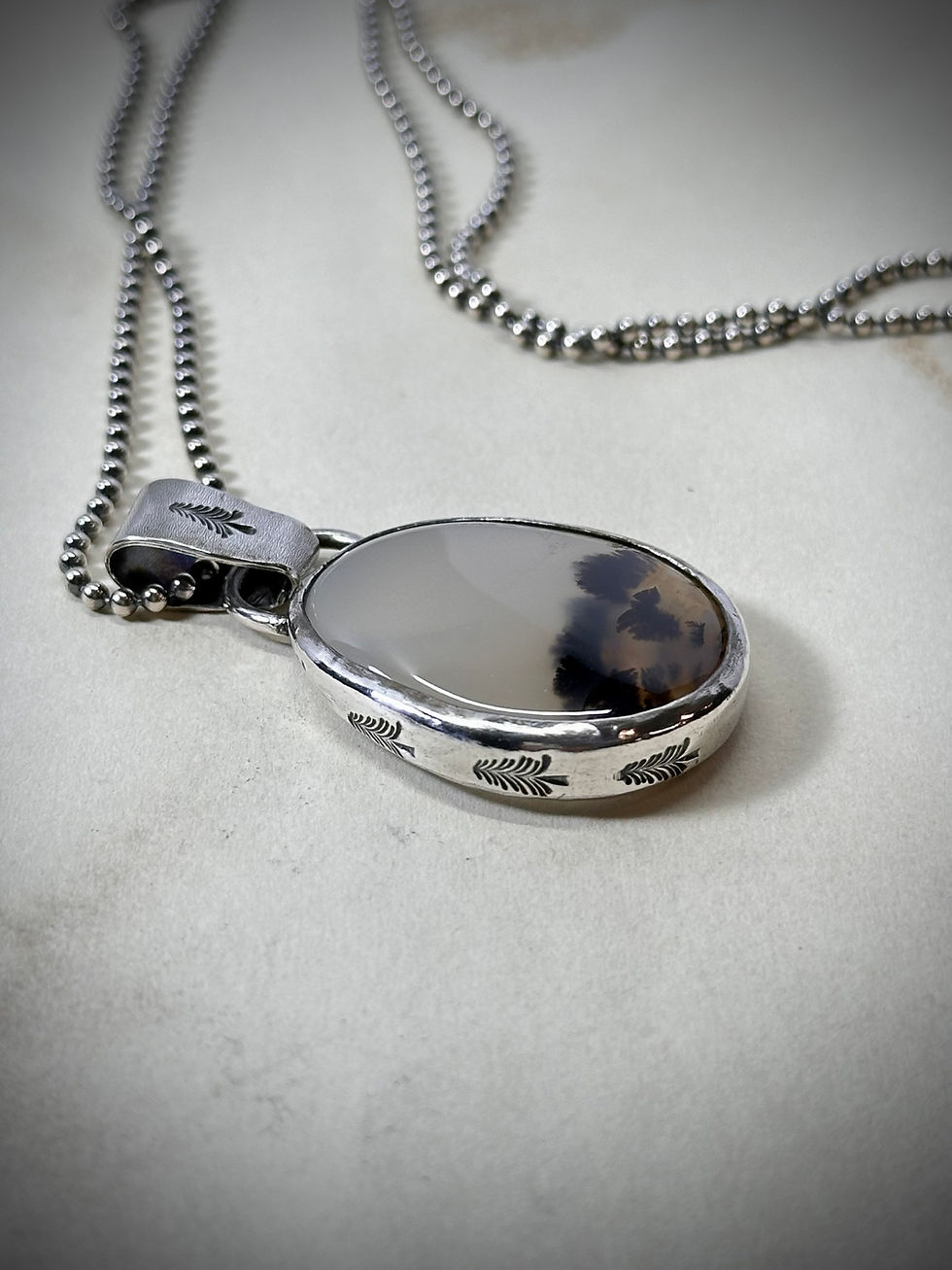 Thumbnail: Hand stamped silver necklace with agate