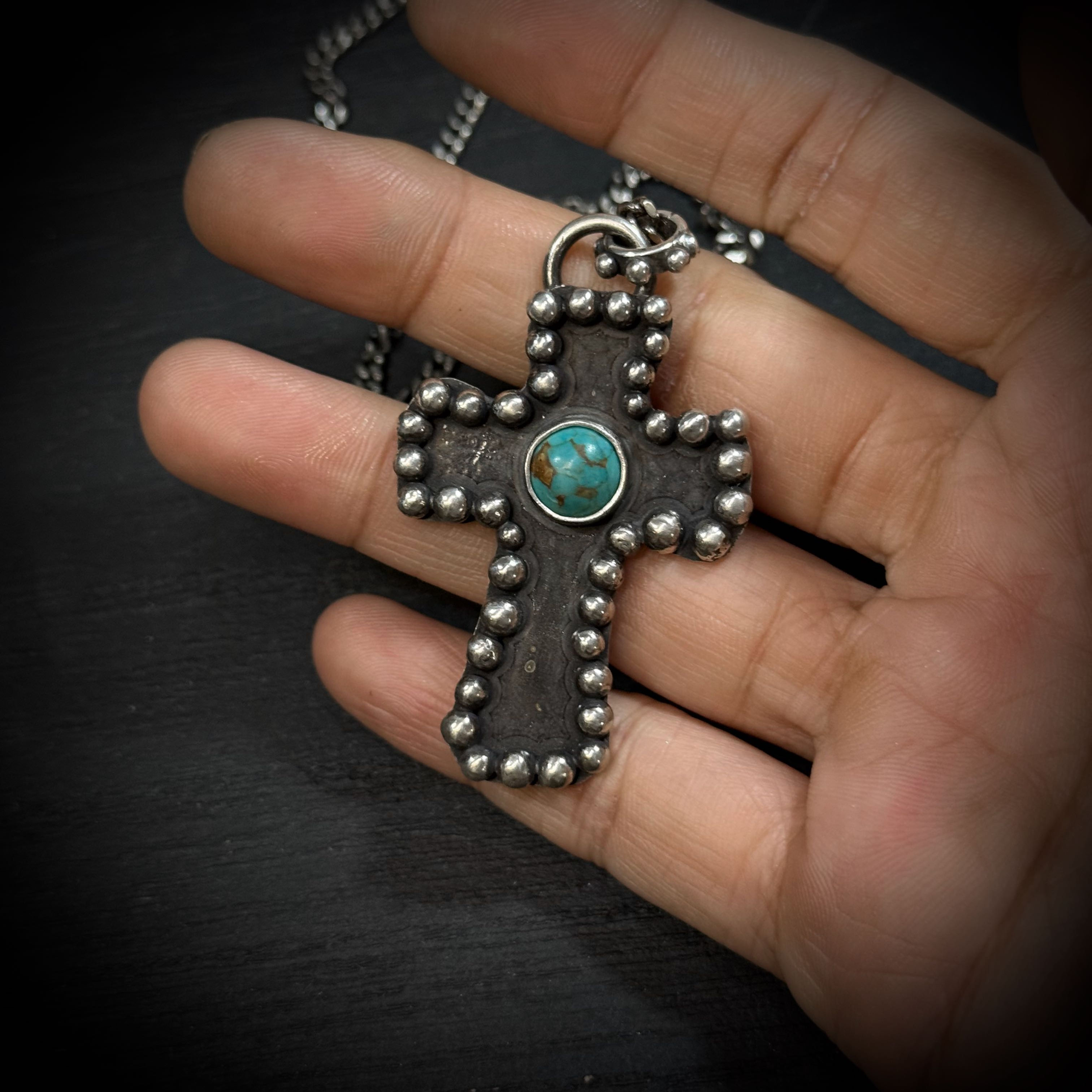 Handmade silver cross necklace with turquoise and beads deco