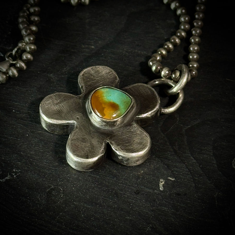 Thumbnail: Handmade silver hollow flower necklace with turquoise