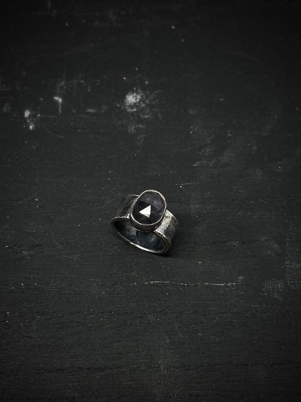 Thumbnail: Handmade silver patterned wide band ring with purple tourmaline