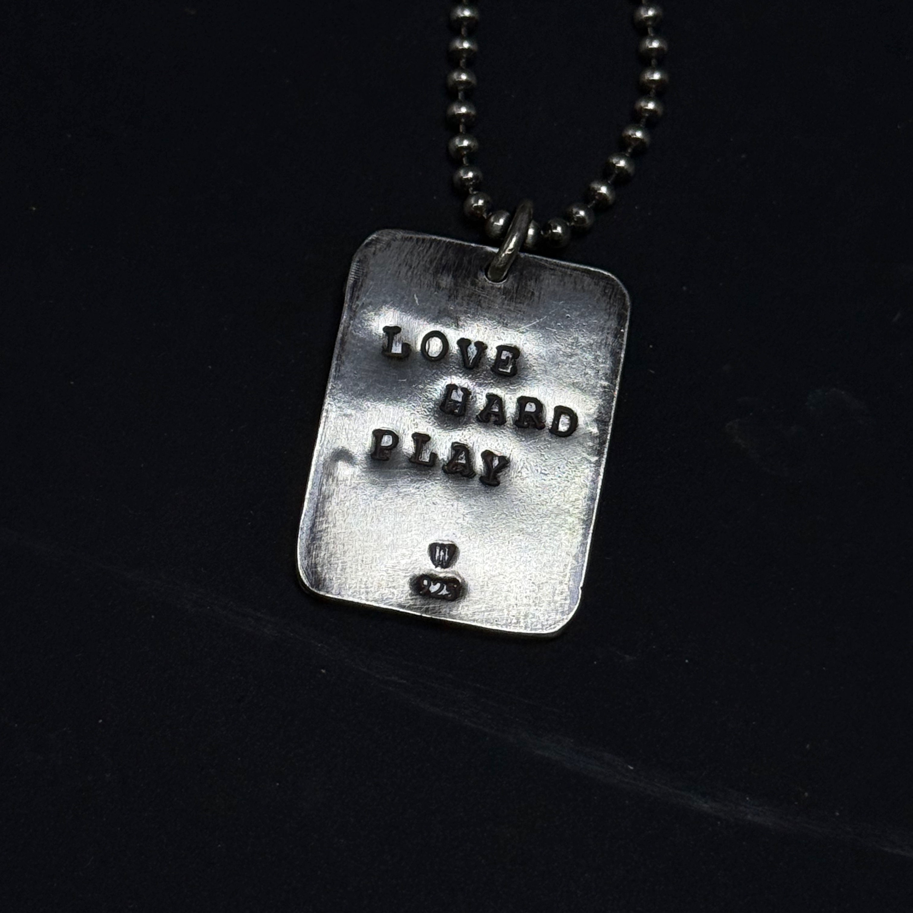 Handmade silver LOVE PLAY HARD rustic pendant necklace