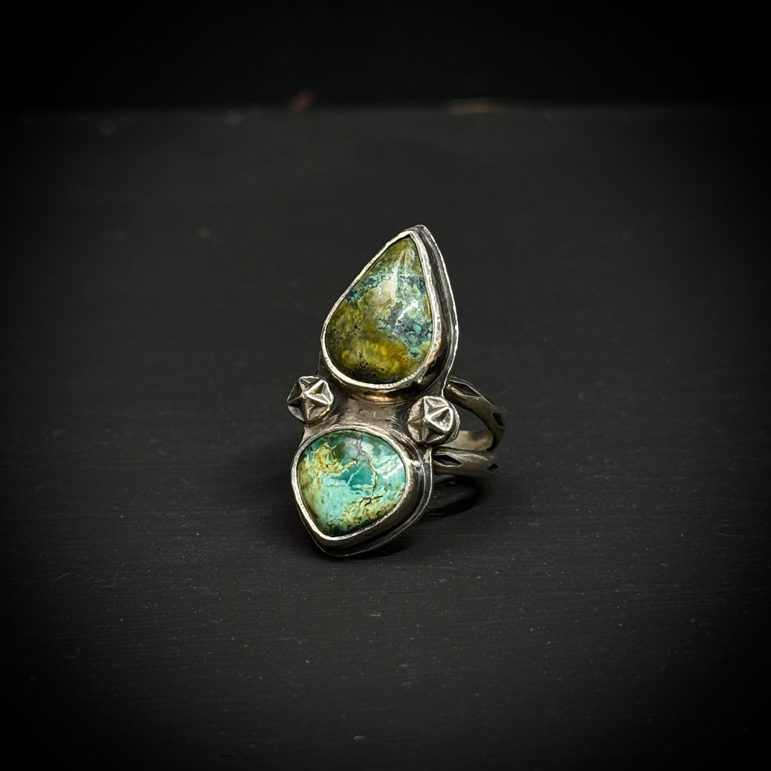 Handmade silver ring with double turquoise