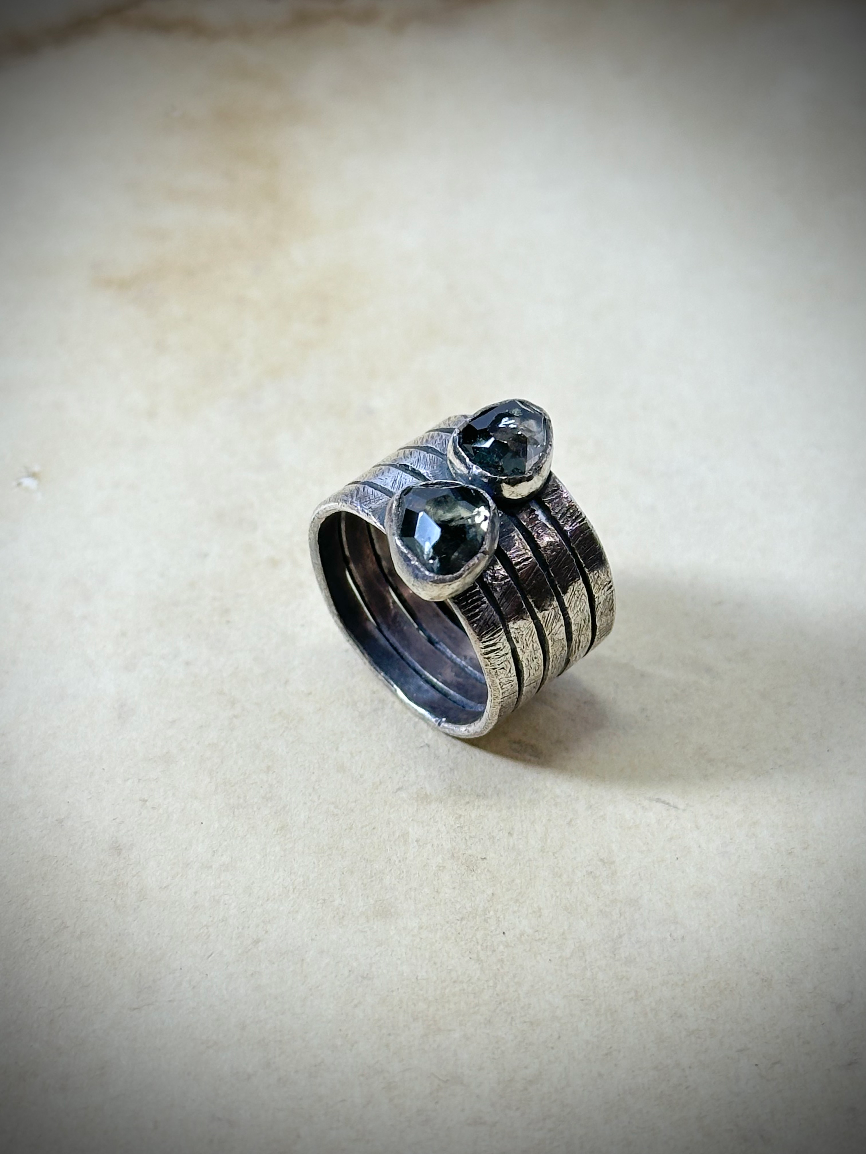 Handmade multi band silver ring with double tourmaline