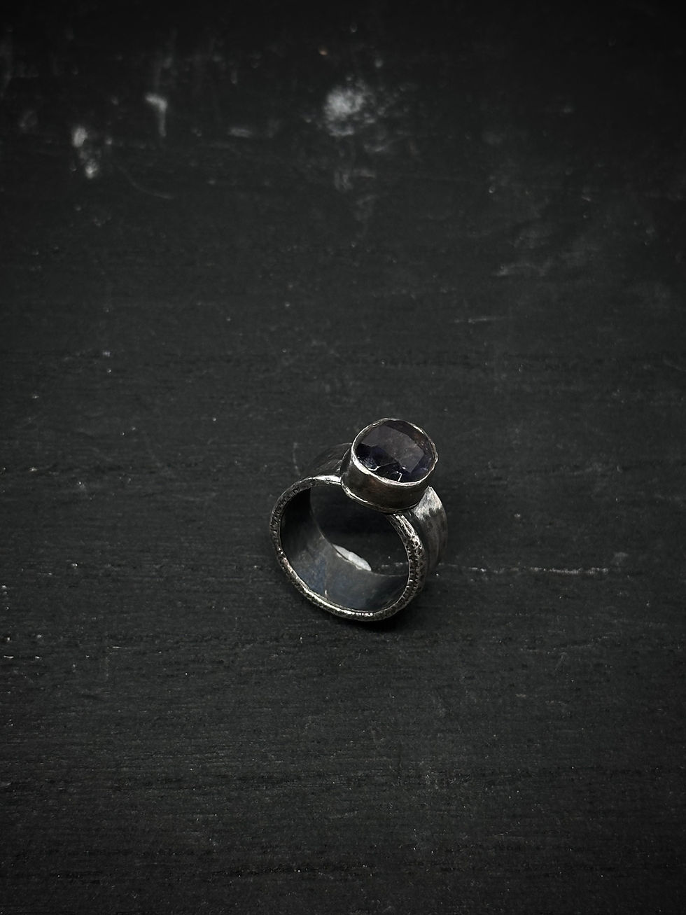 Thumbnail: Handmade silver patterned wide band ring with purple tourmaline
